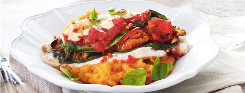 Baked Chicken Parma with Sweet Potato Mash
