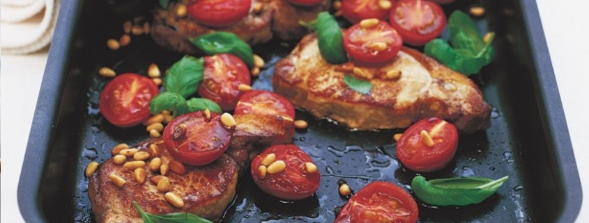 Roast Pork Steaks with Tomatoes and Pine nuts 