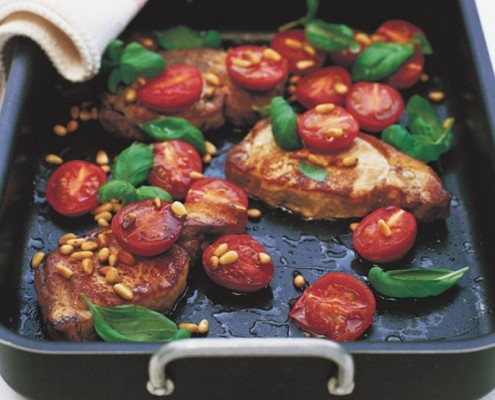Roast Pork Steaks with Tomatoes and Pine nuts 